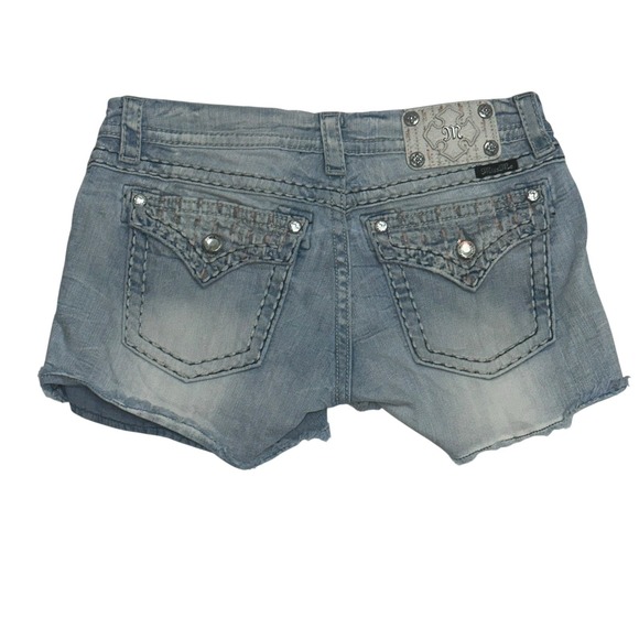 Miss Me Cut Off Embroidered & Bling Denim Shorts Size 30 Raw Hem Low Rise Y2K - Picture 6 of 11